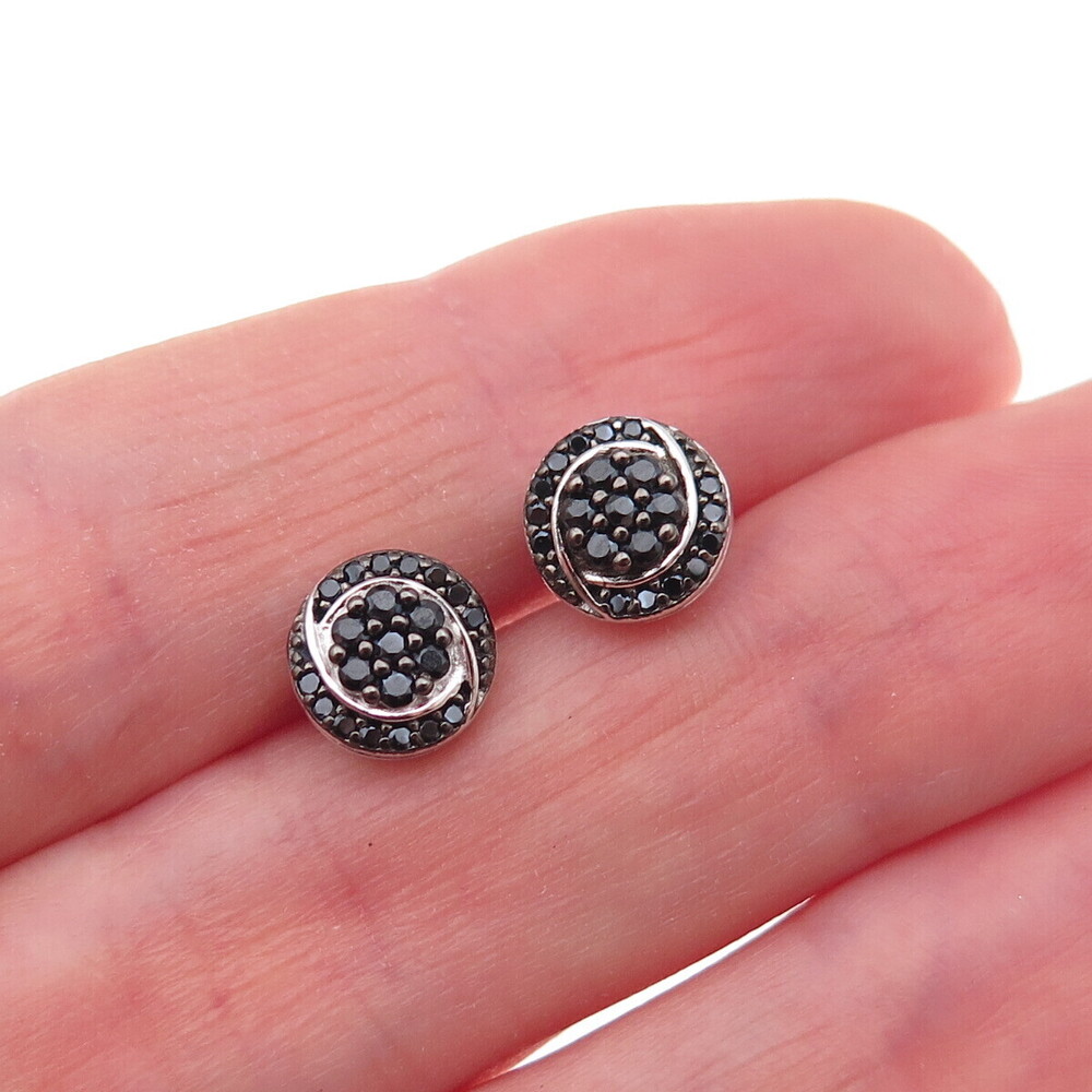 925 Sterling Silver Real Round-Cut Black Spinel Stud Earrings